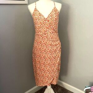 BCBGeneration Floral Spaghetti Strap Side Ruched, Faux Wrap Midi Dress Size 12